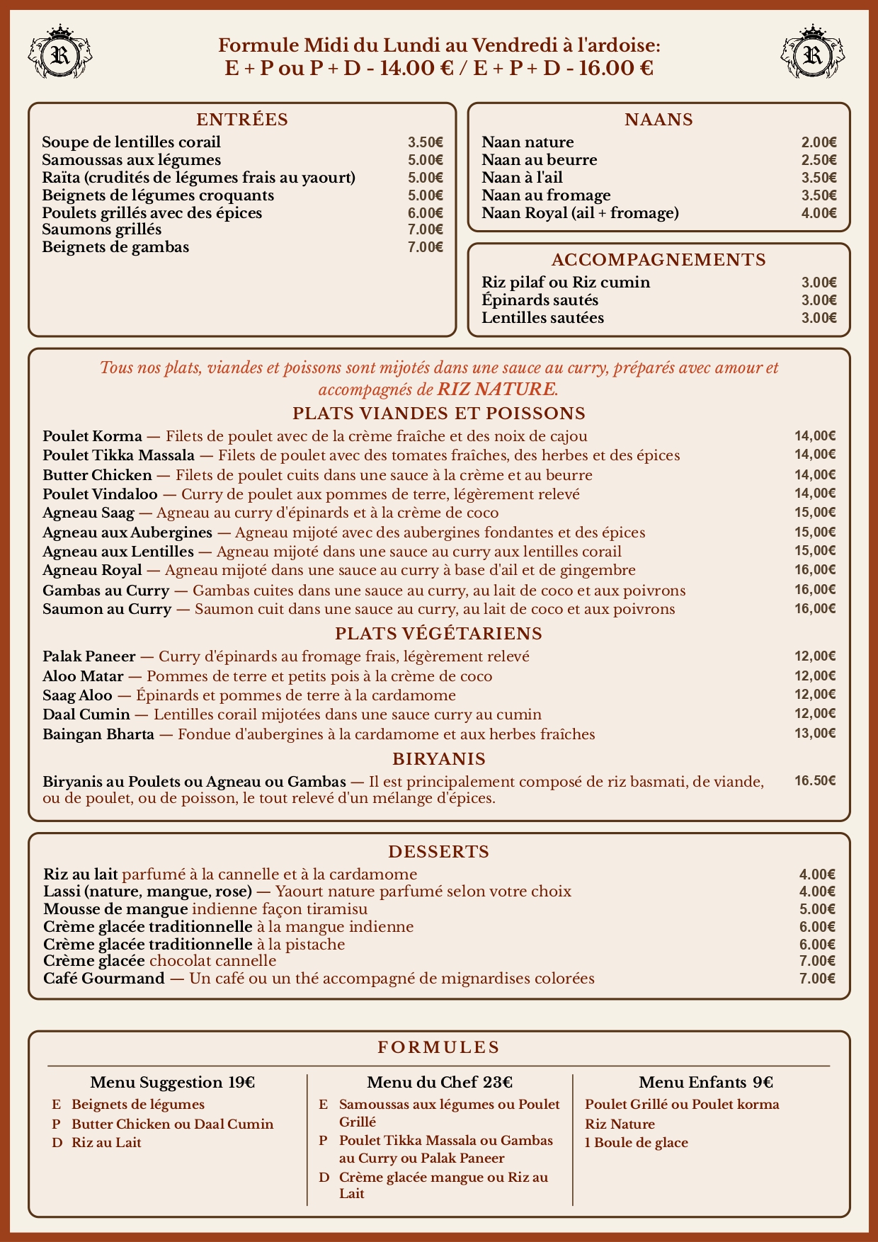Carte Royal Indien — boissons et vins