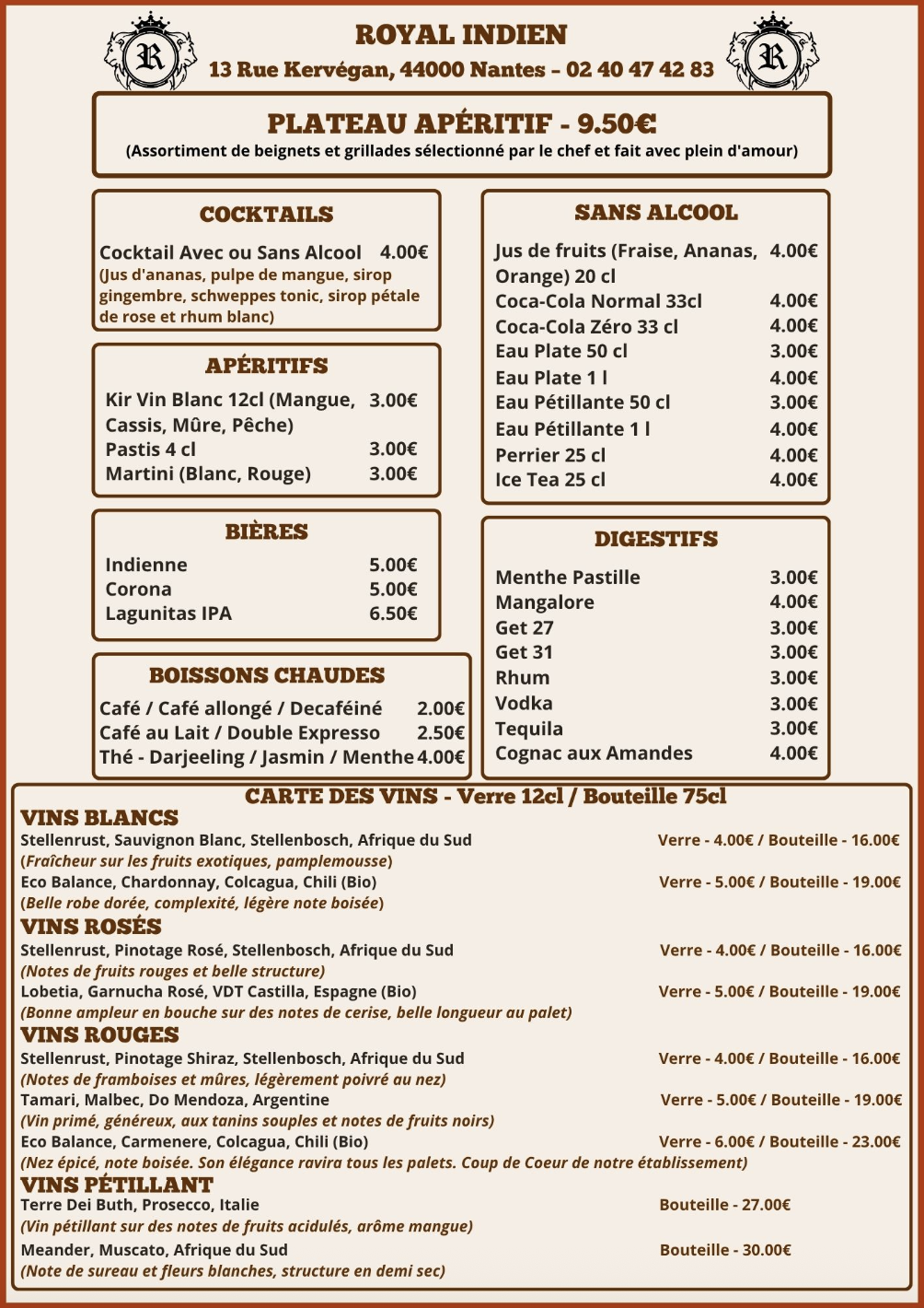 Carte Royal Indien — boissons et vins