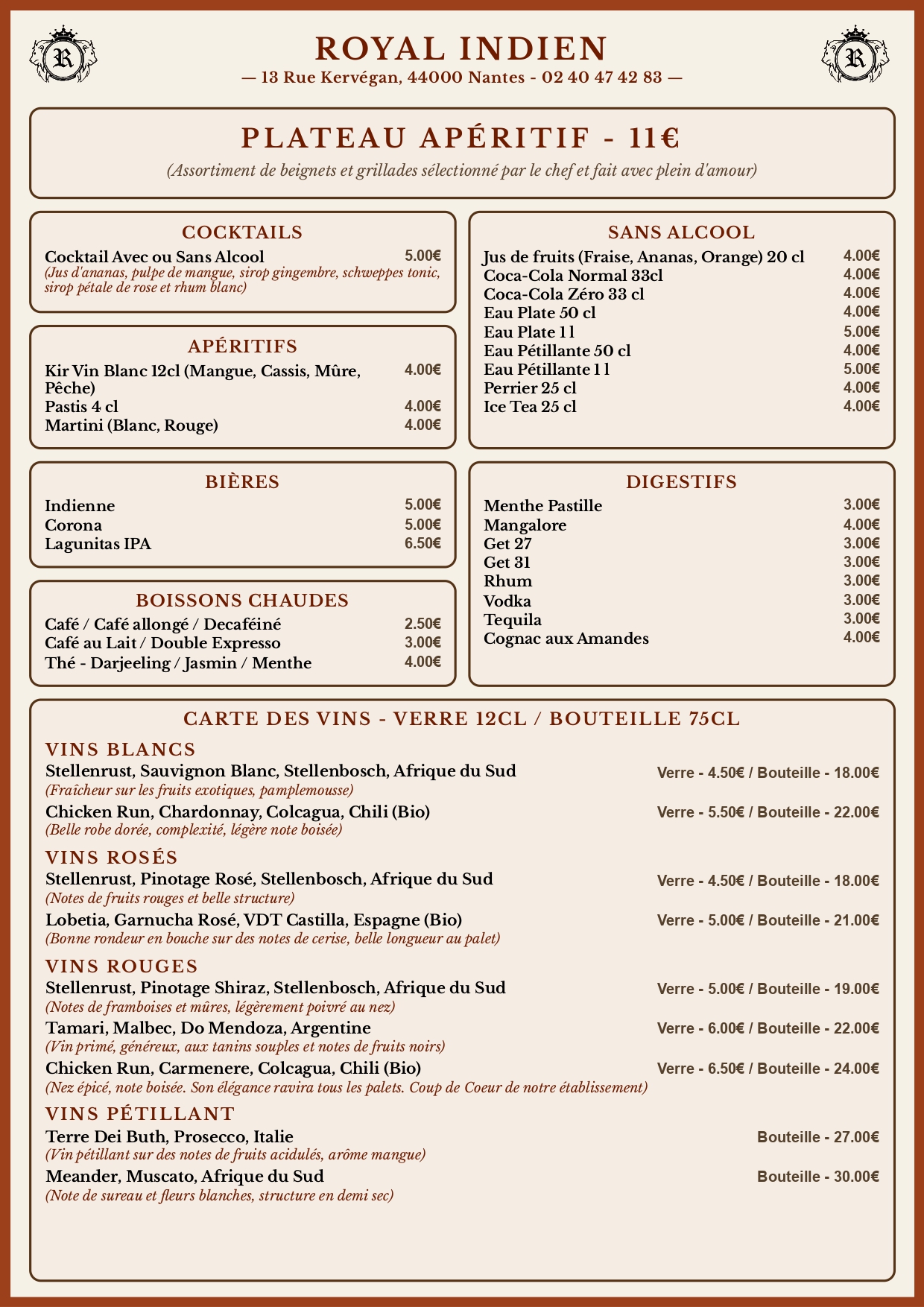Carte Royal Indien — plats, entrées, desserts