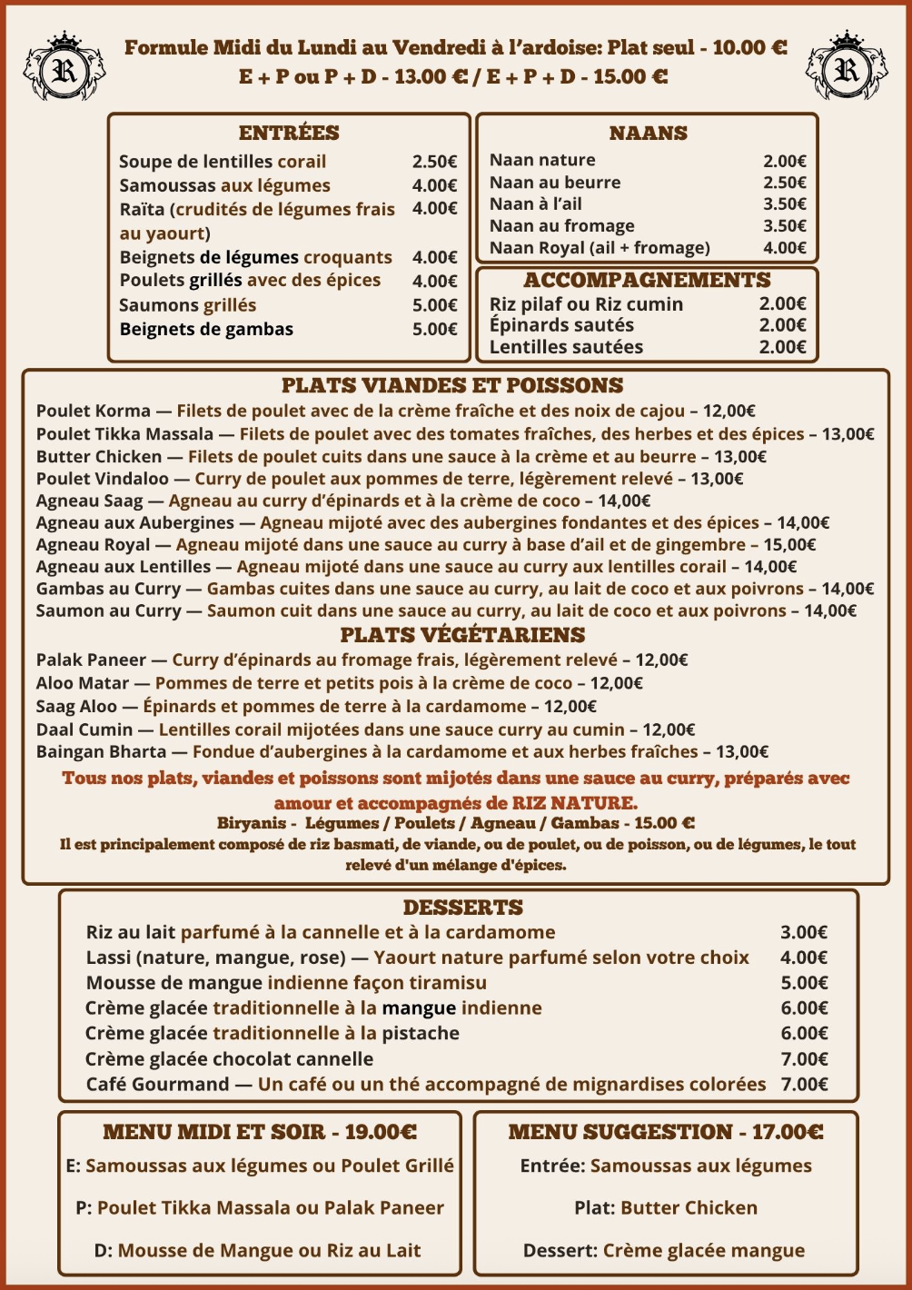 Carte Royal Indien — plats, entrées, desserts